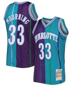 Alonzo Mourning Charlotte Hornets Hardwood Classics 1992/93 Split Swingman Jersey - Teal/Purple