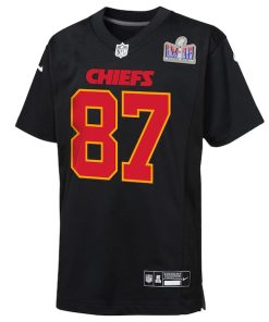 Alternative view of Travis Kelce Kansas City Chiefs Nike Youth Super Bowl LVIII Patch Carbon Fashion Game Jersey - Black