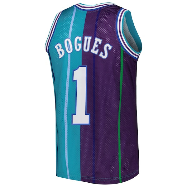 Muggsy Bogues Charlotte Hornets Hardwood Classics 1992/93 Split Swingman Jersey - Teal/Purple - Image 4