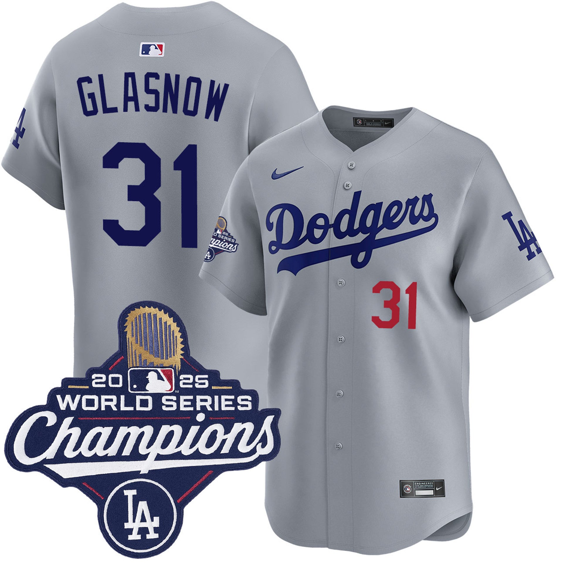 Tyler GlasnowLos Angeles Dodgers Nike 2025 World Series Champions Home Replica Jersey - Grey