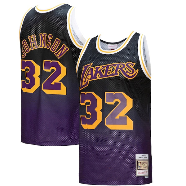 Magic Johnson Los Angeles Lakers 1984/85 Hardwood Classics Fadeaway Swingman Player Jersey - Purple/Black/Gold - Image 2