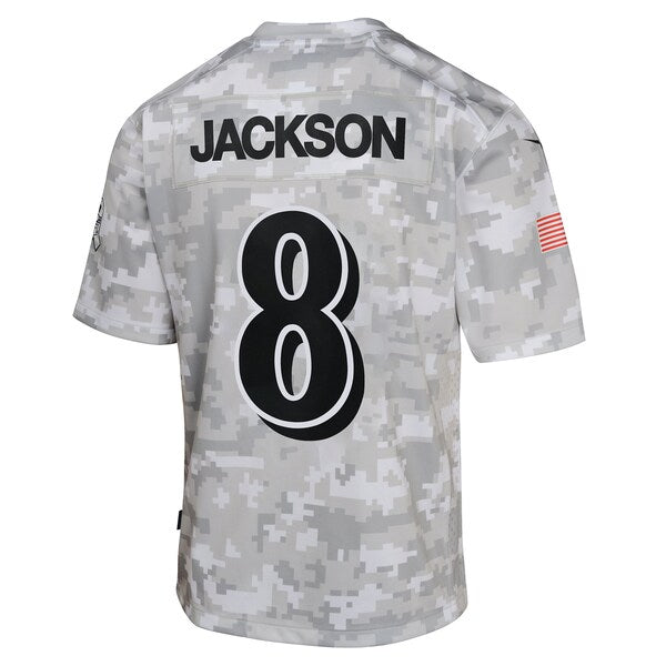 Lamar Jackson Baltimore Ravens Nike Youth 2024 Salute to Service Game Jersey - Arctic Camo - Image 3