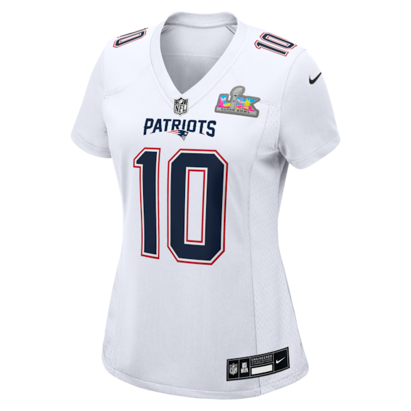 Women's New England Patriots Drake Maye Nike Super Bowl LX Patch Tundra Fashion Game Jersey - White/Black/Silver - Image 3