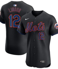 Alternative view of Francisco Lindor New York Mets Nike Alternate Elite Sponsor Patch Player Jersey - Black