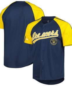 Milwaukee Brewers Stitches Button-Down Raglan Fashion Jersey - Navy