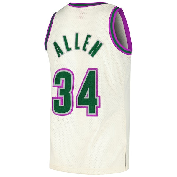 Ray Allen Milwaukee Bucks Chainstitch Swingman Jersey - Cream - Image 3