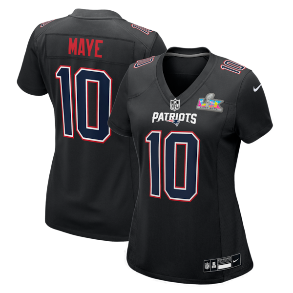 Women's New England Patriots Drake Maye Nike Super Bowl LX Patch Carbon Fashion Game Jersey - Black/Silver/White - Image 2
