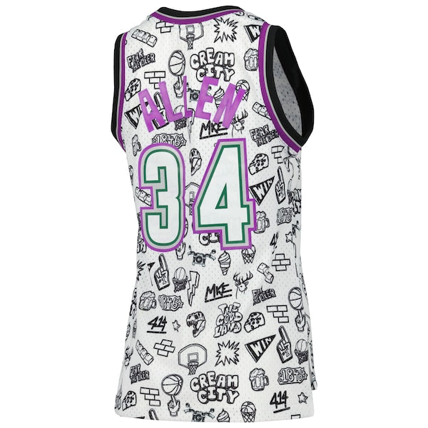 Ray Allen Milwaukee Bucks Women's 1996 Doodle Swingman Jersey - White - Image 3