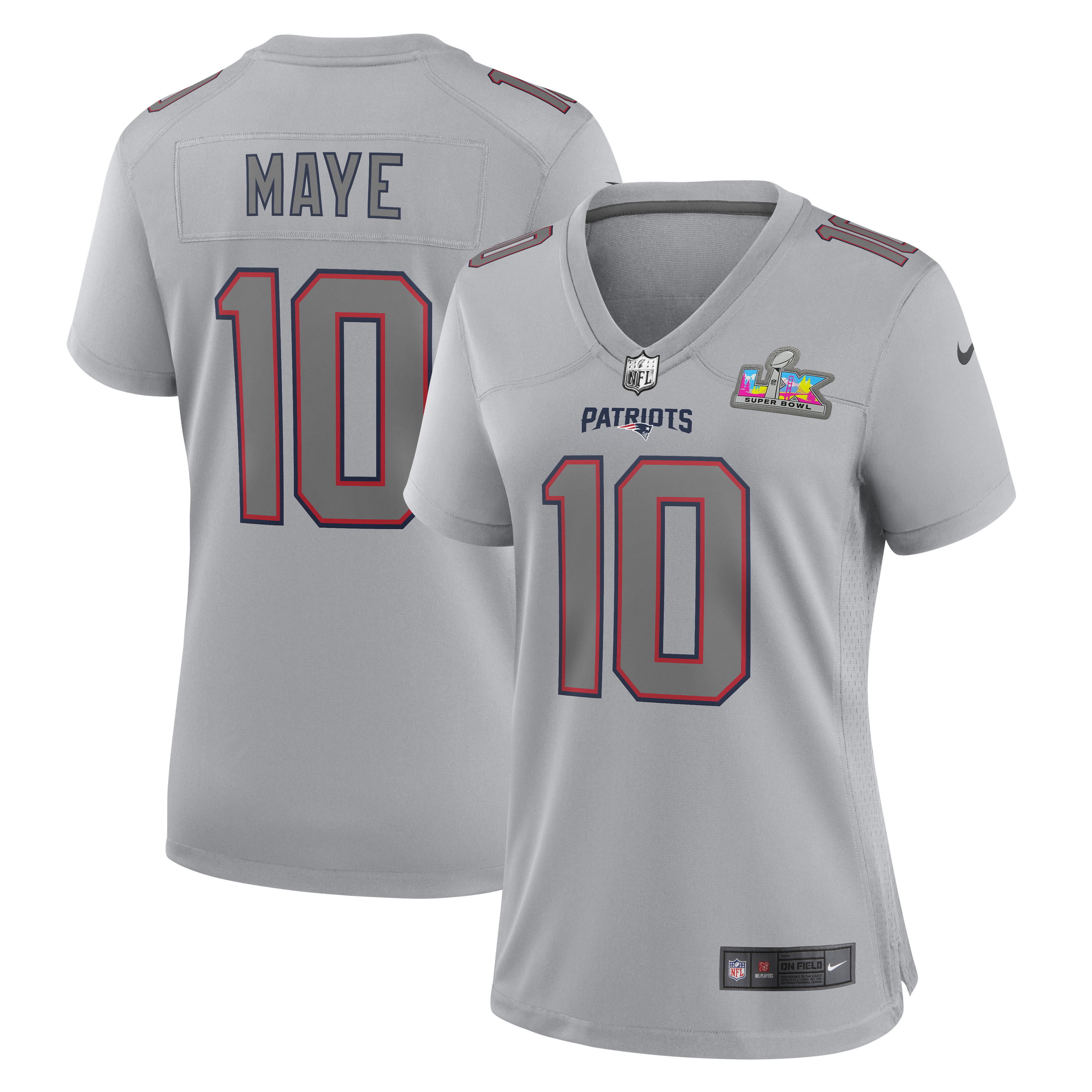 Women's New England Patriots Drake Maye Nike Super Bowl LX Patch Tundra Fashion Game Jersey - White/Black/Silver - Image 8