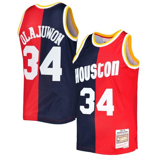 Hakeem Olajuwon Houston Rockets Hardwood Classics 1993/94 Split Swingman Jersey - Navy/Red - Image 3