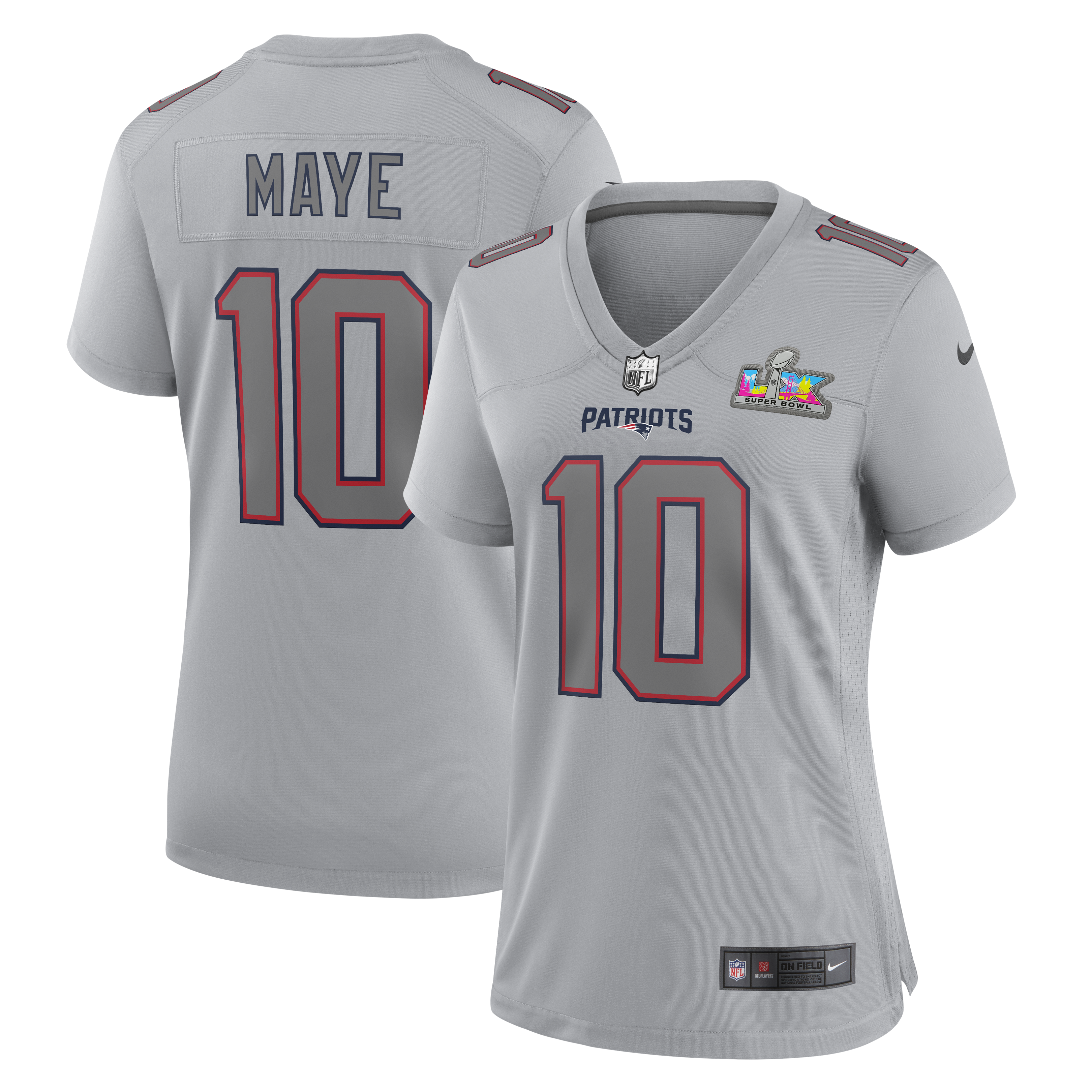 Women's New England Patriots Drake Maye Nike Super Bowl LX Patch Tundra Fashion Game Jersey - White/Black/Silver - Image 6