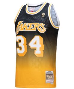 Alternative view of Shaquille O'Neal Los Angeles Lakers 1996/97 Hardwood Classics Fadeaway Swingman Player Jersey - Gold/Black