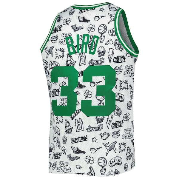 Larry Bird Boston Celtics 1985/86 Hardwood Classics Doodle Swingman Jersey - White - Image 3