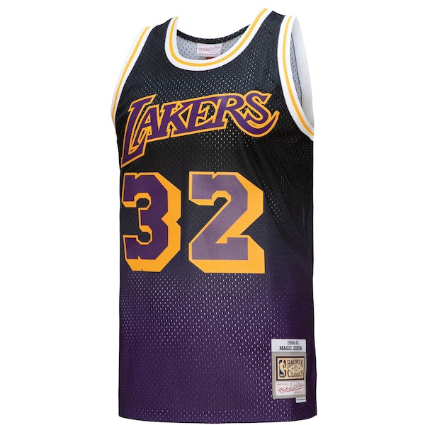 Magic Johnson Los Angeles Lakers 1984/85 Hardwood Classics Fadeaway Swingman Player Jersey - Purple/Black/Gold - Image 3