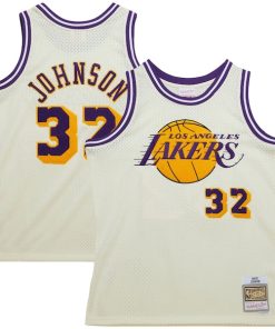 Magic Johnson Los Angeles Lakers Chainstitch Swingman Jersey - Cream