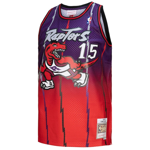 Vince Carter Toronto Raptors 1998/99 Hardwood Classics Fadeaway Swingman Player Jersey - Red/Purple - Image 3
