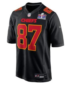 Alternative view of Travis Kelce Kansas City Chiefs Nike Super Bowl LVIII Carbon Fashion Game Player Jersey - Black