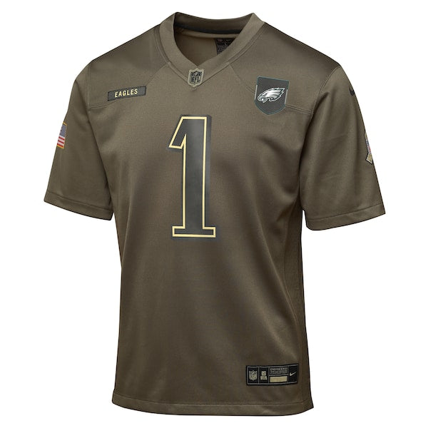 Jalen Hurts Philadelphia Eagles Nike Youth 2025 Salute to Service Game Jersey - Olive - Image 2