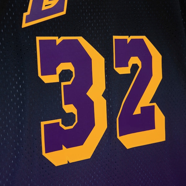 Magic Johnson Los Angeles Lakers 1984/85 Hardwood Classics Fadeaway Swingman Player Jersey - Purple/Black/Gold - Image 5