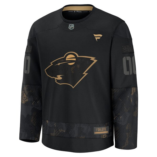 Minnesota Wild 2024 Military Appreciation Personalized Long Sleeve Practice Jersey - Black - Image 2