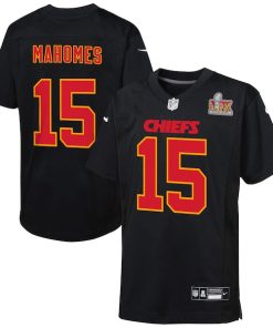 Patrick Mahomes Kansas City Chiefs Nike Youth Super Bowl LIX Patch Fashion Game Jersey - Carbon Black