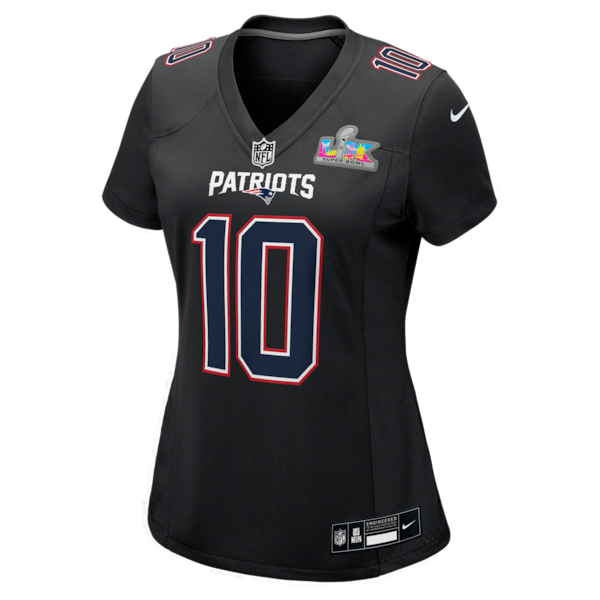 Women's New England Patriots Drake Maye Nike Super Bowl LX Patch Carbon Fashion Game Jersey - Black/Silver/White - Image 3