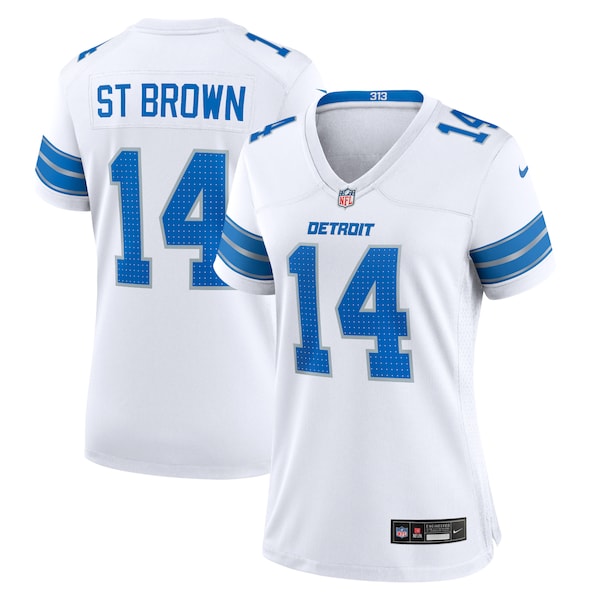Amon-Ra St. Brown Detroit Lions Nike Women's White Game Jersey - White/Blue - Image 2