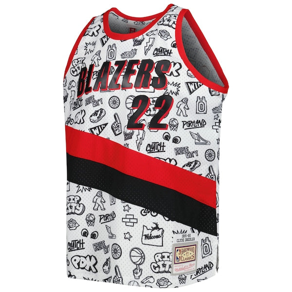 Clyde Drexler Portland Trail Blazers 1991/92 Hardwood Classics Doodle Swingman Player Jersey - White - Image 2