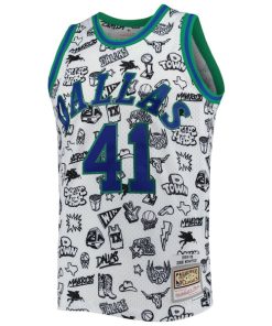 Alternative view of Dirk Nowitzki Dallas Mavericks 1998/99 Hardwood Classics Doodle Swingman Jersey - White