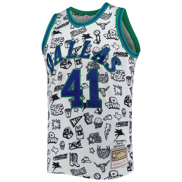 Dirk Nowitzki Dallas Mavericks 1998/99 Hardwood Classics Doodle Swingman Jersey - White - Image 2