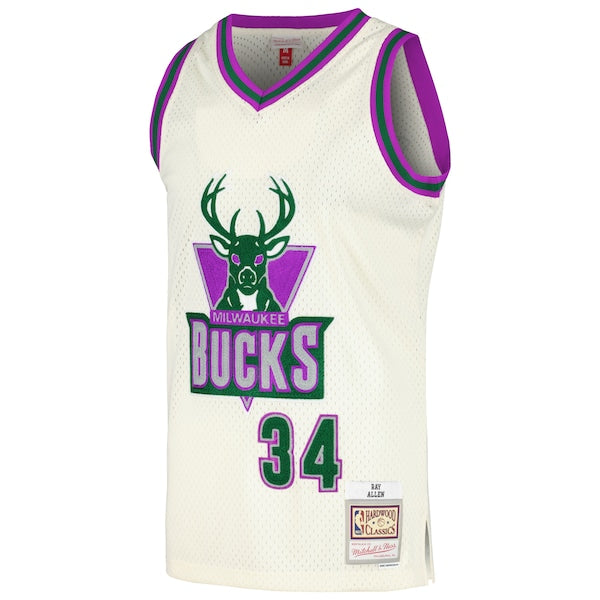 Ray Allen Milwaukee Bucks Chainstitch Swingman Jersey - Cream - Image 2