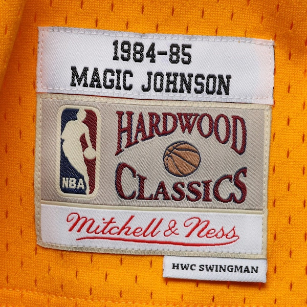 Magic Johnson Los Angeles Lakers 1984/85 Hardwood Classics Swingman Jersey - Gold/Purple - Image 9