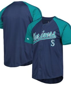 Seattle Mariners Stitches Button-Down Raglan Fashion Jersey - Navy