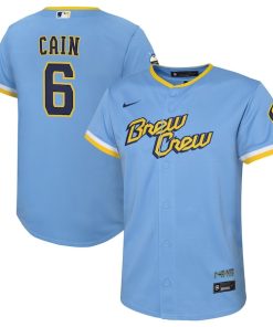 Lorenzo Cain Milwaukee Brewers Nike Youth 2022 City Connect Replica Player Jersey - Powder Blue