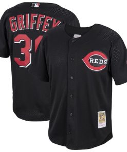 Ken Griffey Jr. Cincinnati Reds  Cooperstown Collection Mesh Batting Practice Button-Up Jersey? - Black