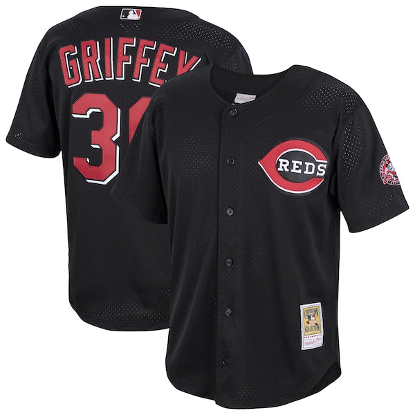 Ken Griffey Jr. Cincinnati Reds Cooperstown Collection Mesh Batting Practice Button-Up Jersey? - Black