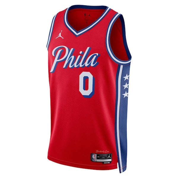Tyrese Maxey Philadelphia 76ers Jordan Brand Unisex Swingman Jersey - Statement Edition - Red - Image 2