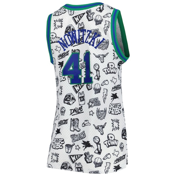 Dirk Nowitzki Dallas Mavericks Women's 1998 Doodle Swingman Jersey - White - Image 3